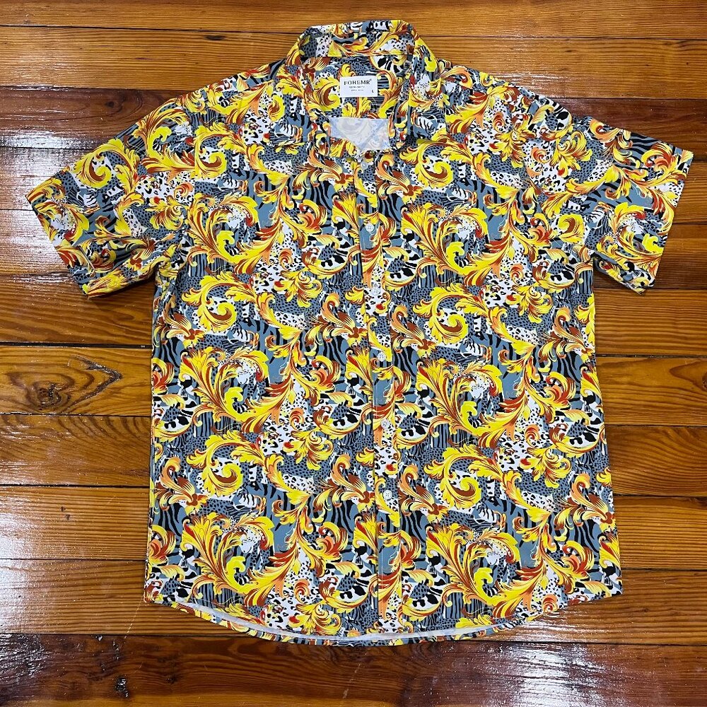 Fohemr Regular Fit Button Up Shirt All Over Floral Print Men's Size L